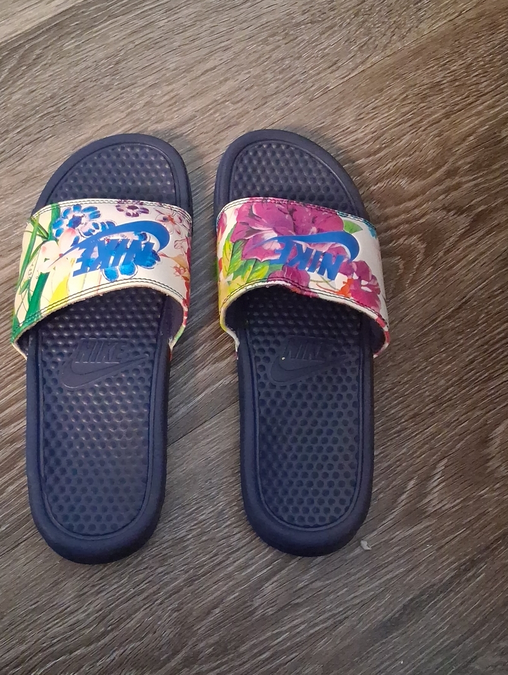 Nike Navy Slide Sandals with Multicolor Floral Strap